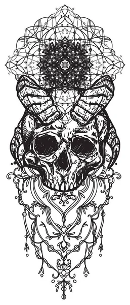 Tatuagem Arte Crânio Diabo Desenho Esboço Preto Branco — Vetor de Stock