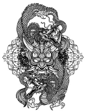 Dövmeli sanat ejderhası ve şeytan maskeli el çizimi.