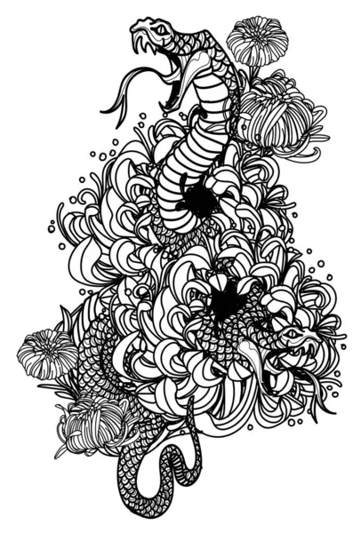 Tatuaje Arte Serpiente Flor Mano Dibujo Boceto — Vector de stock