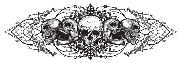 Dibujo Del Cráneo Del Arte Del Tatuaje Blanco Negro — Archivo Imágenes Vectoriales
