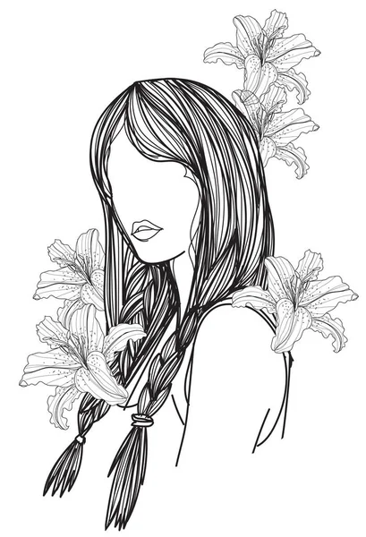 タトゥーアートの女性と花の手描きとスケッチ — ストックベクタ