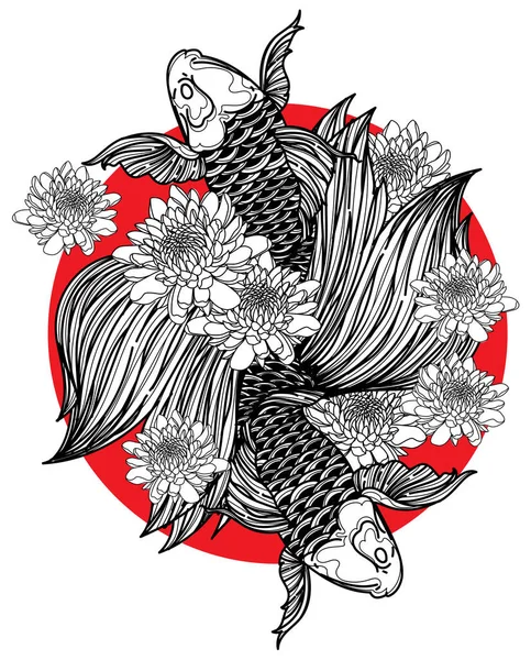Tatuaje Arte Japón Peces Diseño Mano Dibujo Boceto — Archivo Imágenes Vectoriales