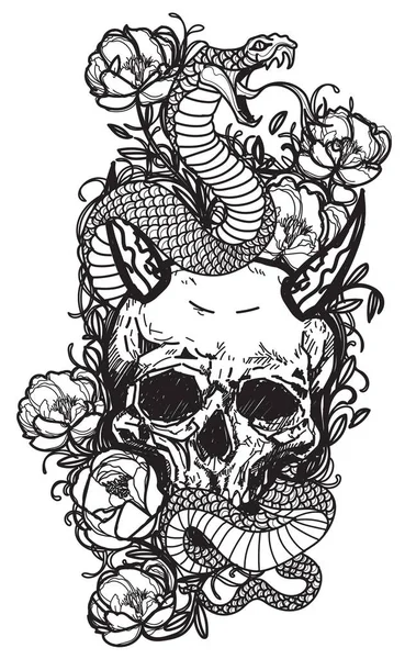 Tatuaje Arte Cráneo Serpiente Boceto Blanco Negro — Vector de stock