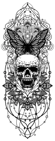 Dövme Sanat Kafatası Kelebek Çizimi Siyah Beyaz — Stok Vektör