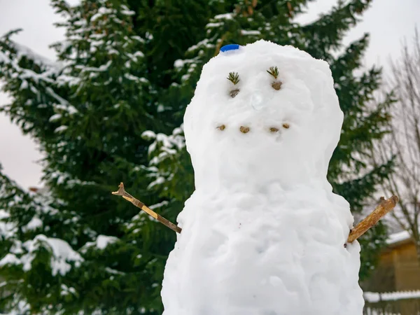 Retrato de cintura de un muñeco de nieve con los brazos extendidos y una sonrisa. foto al aire libre — Foto de Stock