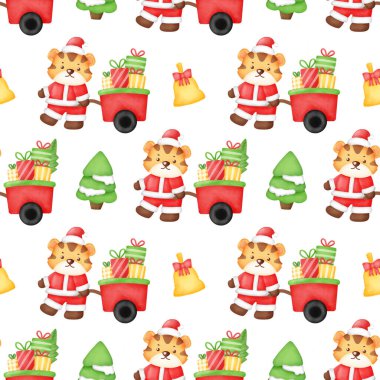 Tatlı noel kaplanlarıyla suluboya kusursuz desen .