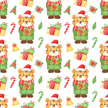 Tatlı noel kaplanlarıyla suluboya kusursuz desen .