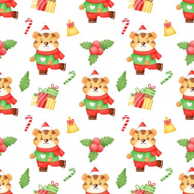 Tatlı noel kaplanlarıyla suluboya kusursuz desen .