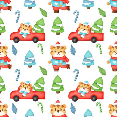 Tatlı noel kaplanlarıyla suluboya kusursuz desen .
