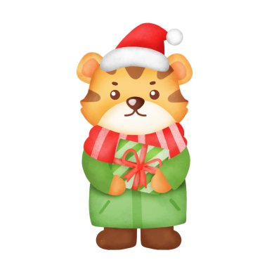 Noel ve Yeni Yıl tebrik kartı ve suluboya tarzı şirin kaplan. .