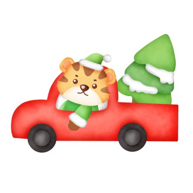 Noel ve Yeni Yıl tebrik kartı ve suluboya tarzı şirin kaplan. .