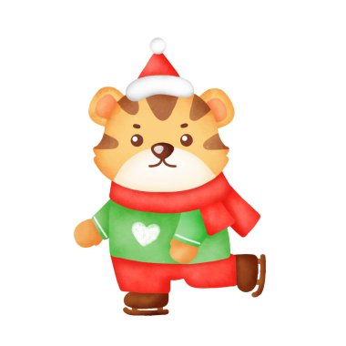 Noel ve Yeni Yıl tebrik kartı ve suluboya tarzı şirin kaplan. .