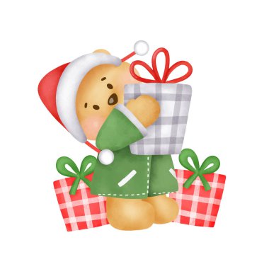 Noel ve Yeni Yıl tebrik kartı içinde tatlı bir oyuncak ayı ve suluboya bir hediye kutusu. .