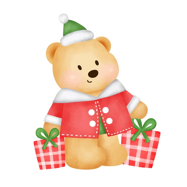 Weihnachts Und Neujahrsgrußkarte Mit Niedlichem Teddybär Und Geschenkschachtel Aquarell Stil — Stockvektor