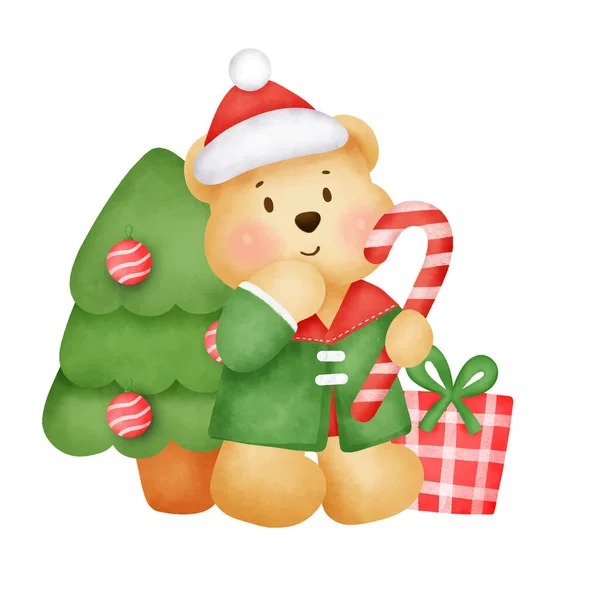 Weihnachts Und Neujahrsgrußkarte Mit Einem Niedlichen Teddybär Aquarell Stil — Stockvektor