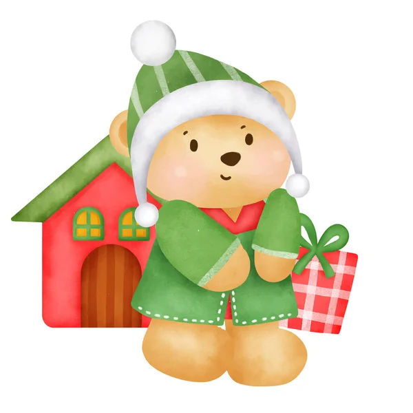 Weihnachts Und Neujahrsgrußkarte Mit Niedlichem Teddybär Und Geschenkschachtel Aquarell Stil — Stockvektor