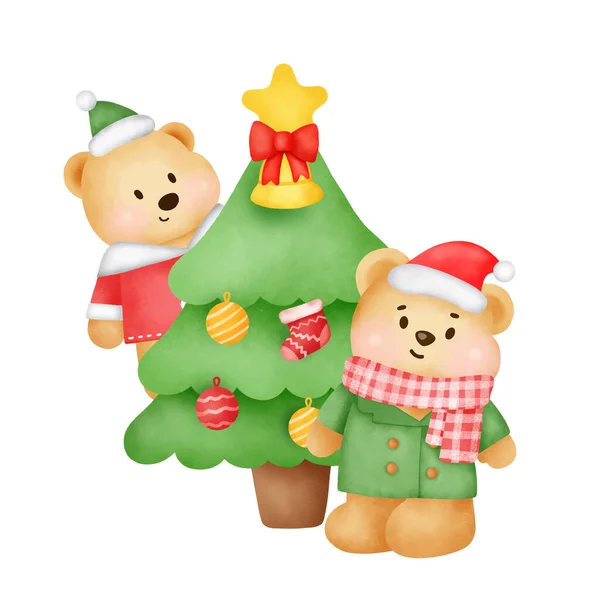 圣诞和新年贺卡 内附可爱的玩具熊和水彩画礼品盒 — 图库矢量图片