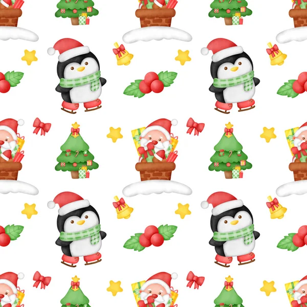 Christmas Santa Clause seamless pattern in watercolor style.