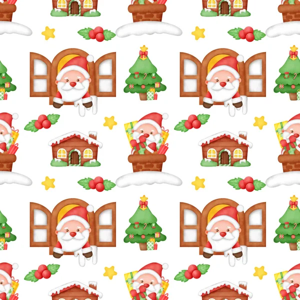 Christmas Santa Clause Seamless Pattern Watercolor Style — Stock Photo, Image