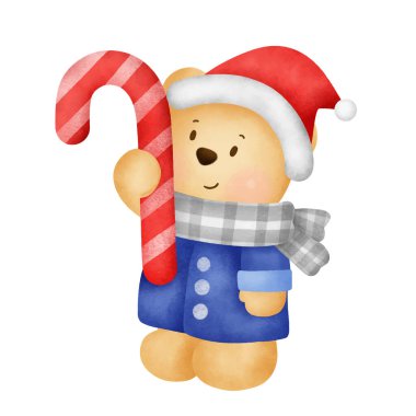 Noel ve Yeni Yıl tebrik kartı içinde tatlı bir oyuncak ayı ve suluboya bir Noel hediyesi. .