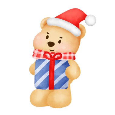 Noel ve Yeni Yıl tebrik kartı ve suluboya bir oyuncak ayı. .