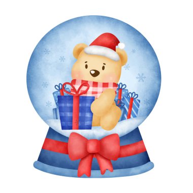 Noel ayısı kar küresi suluboya şeklinde tebrik kartı için..