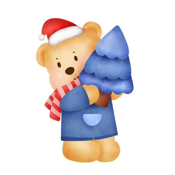 圣诞和新年贺卡 内附可爱的玩具熊和水彩画礼品盒 — 图库矢量图片
