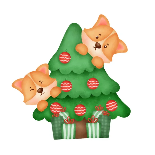 Aquarell Niedlicher Cartoon Corgi Hund Mit Weihnachtsbaum Für Weihnachtskarte — Stockvektor
