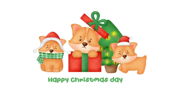 Weihnachts Und Neujahrsbanner Mit Niedlichen Corgi Hunden Und Weihnachtsbaum Aquarell — Stockvektor