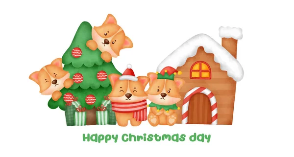 Weihnachts Und Neujahrsbanner Mit Niedlichen Corgi Hunden Und Weihnachtsbaum Aquarell — Stockvektor