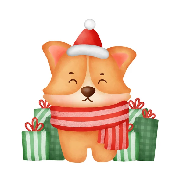 Aquarell Niedlicher Cartoon Corgi Hund Mit Geschenkboxen Für Weihnachtskarte — Stockvektor