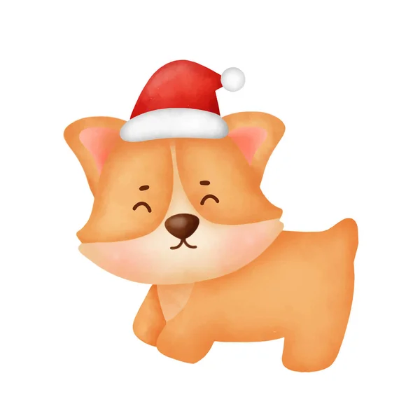 Aquarell Niedlicher Cartoon Corgi Hund Mit Weihnachtsmütze Für Weihnachtskarte — Stockvektor