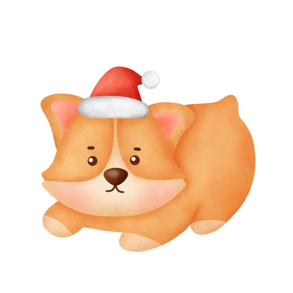 Aquarell Niedlicher Cartoon Corgi Hund Mit Weihnachtsmütze Für Weihnachtskarte — Stockvektor