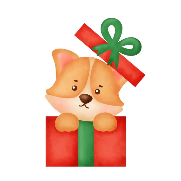 Aquarell Niedlicher Cartoon Corgi Hund Mit Weihnachtsgeschenkschachtel Für Weihnachtskarte — Stockvektor