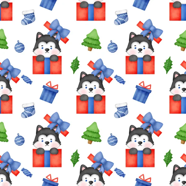 Nahtloses Muster Mit Sibirischer Husky Weihnachtshund Mit Weihnachtsmütze — Stockfoto