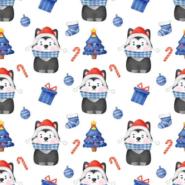 Patrón Sin Costuras Con Perro Husky Siberiano Navidad Con Sombrero — Foto de Stock