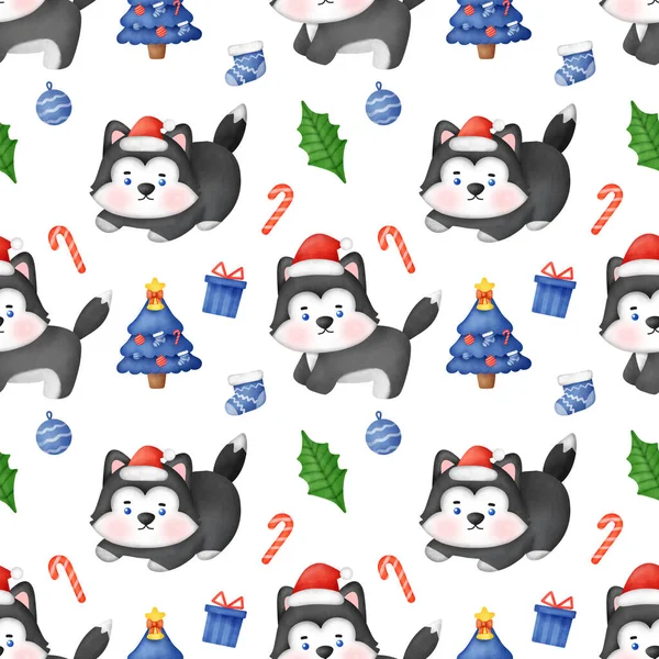 Nahtloses Muster Mit Sibirischer Husky Weihnachtshund Mit Weihnachtsmütze — Stockfoto