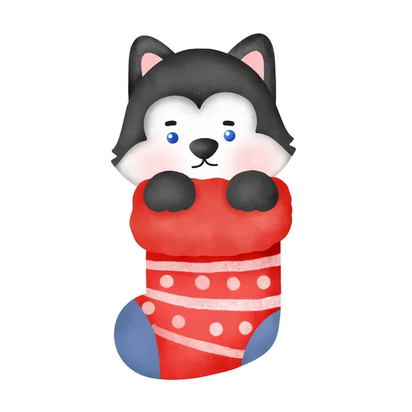 Aquarell Netter Cartoon Husky Hund Für Weihnachtskarte — Stockvektor