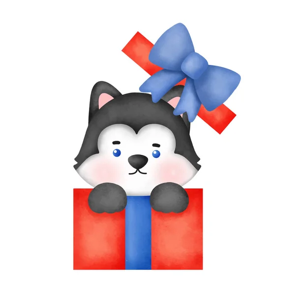 Akwarela Cute Cartoon Husky Pies Kartkę Świąteczną — Wektor stockowy