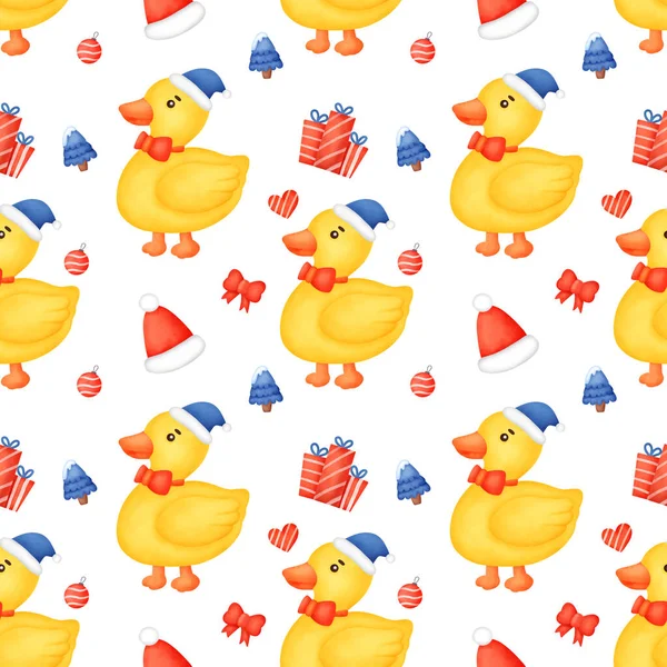 Cute hand drawn Christmas duck seamless pattern.