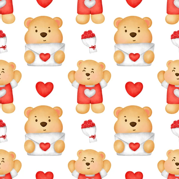 Urso Dia Dos Namorados Sem Costura Padrão — Fotografia de Stock