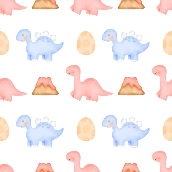 Cute dinosaur seamless pattern in watercolor style.