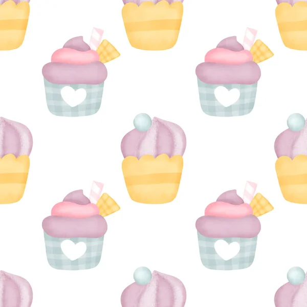 Watercolor Cup Cake Seamless Pattern — Stockfoto