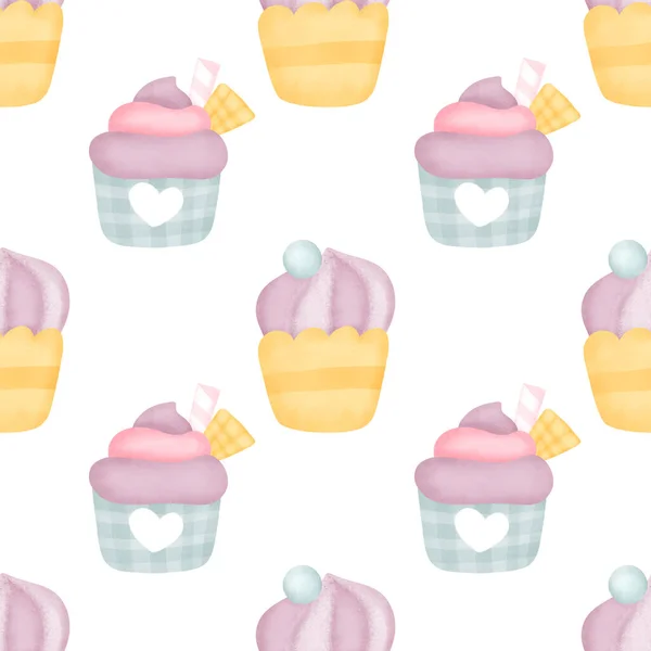 Watercolor Cup Cake Seamless Pattern — Stockfoto