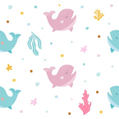Elle çizilmiş, çocuksu, pürüzsüz, basit düz desenleri balinalarla tekrar eden bir vektör.