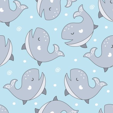 Elle çizilmiş, çocuksu, pürüzsüz, basit düz desenleri balinalarla tekrar eden bir vektör.