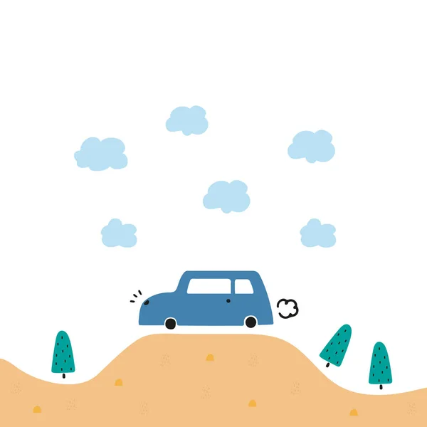 Kinderposter mit niedlichem Auto im Cartoon-Stil. Vektorillustration — Stockvektor