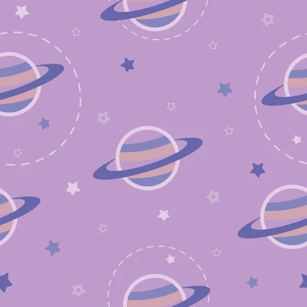 Vector Space Seamless Pattern with Doodle Saturn Planet and Stars —  Vetores de Stock