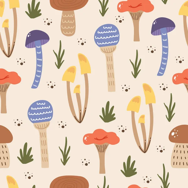 Modèle vectoriel sans couture avec des champignons de bande dessinée d'automne, feuilles et points — Image vectorielle