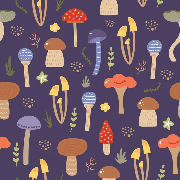 Vektor sömlöst mönster med hösten tecknad svamp, blad och prickar — Stock vektor